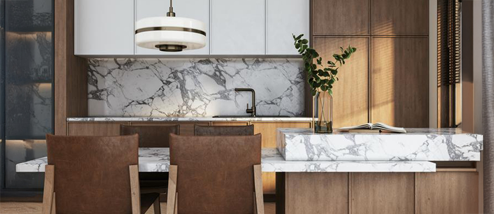 Elegant modern kitchen with overhead lighting